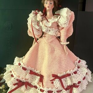 Elegant Antique Porcelain Doll with Pink crochet dress Red&white Accents